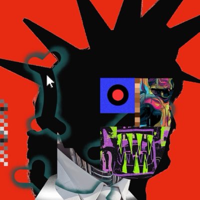 A bold, stylized illustration featuring a black silhouette of a spiked-haired figure with a colorful, abstract face showing a wide, toothy grin against a red background.