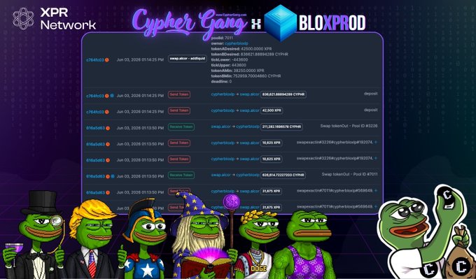 The image features a cartoon graphic depicting an animated group of six frogs, three green and three purple, wearing top hats and holding up signs with messages such as "$CYPHR buyback just landed $XPR came directly from Block Producer @bloxprodio voluntarily contributing 10% of their BP rewards to support the @CypherGangNFT ecosystem". This suggests that they are promoting a network or organization related to cybercrime, specifically buying back cypher Gangs or similar groups. The cartoon elements give the image a fun and engaging presentation while effectively conveying the intended message.