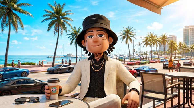 A 3D animated character in a black bucket hat, white suit, and gold chain sits at a cafe table holding a 'Vice' coffee cup, with a sunny waterfront scene behind them.