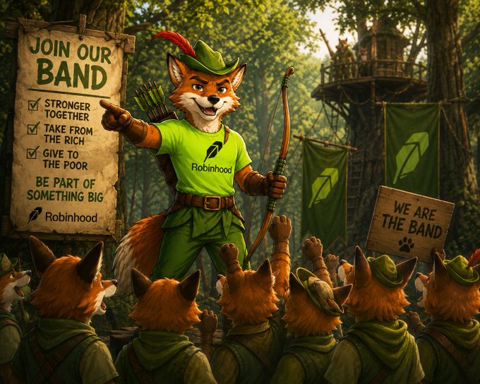 An illustrated fox dressed as Robin Hood wearing a 'Robinhood' shirt stands on a stage holding a bow, pointing to a recruitment sign reading 'JOIN OUR BAND - STRONGER TOGETHER, TAKE FROM THE RICH, GIVE TO THE POOR, BE PART OF SOMETHING BIG' in front of a cheering crowd of foxes holding a 'WE ARE THE BAND' sign.