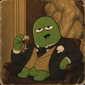 An AI-generated image depicting Pepe the Frog dressed in Victorian-era formal attire, seated and reading a small book in a dimly lit, classical setting.