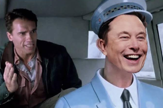 A humorous edited image shows a man resembling Jim Carrey looking confused on the left, while on the right a figure with Elon Musk's face is superimposed onto the GLaDOS robot body, laughing.