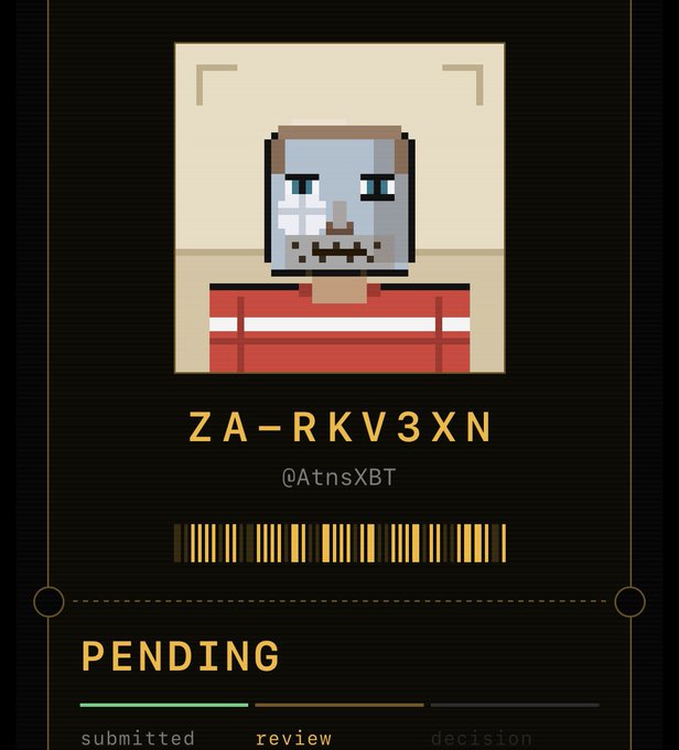 A pixelated avatar of a bearded man in a red and white striped shirt is displayed on a dark application card showing the identifier "ZA-RKV3XN" under the username "@AtnsXBT," with a barcode and a progress bar indicating the application status is "PENDING" at the review stage, reflecting the user's submission awaiting decision for ZaddrNet.