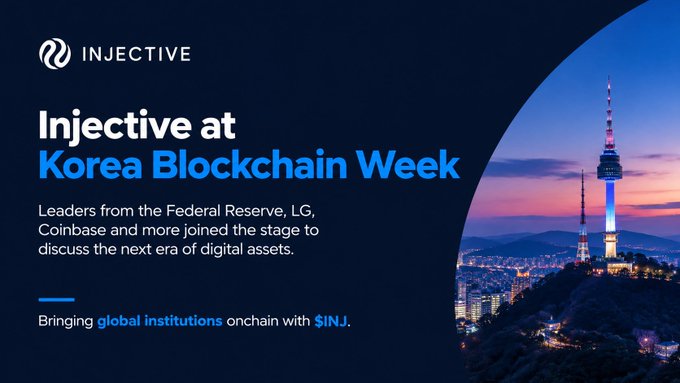 A promotional graphic for 'Injective at Korea Blockchain Week' featuring the Injective logo, text noting that 'Leaders from the Federal Reserve, LG, Coinbase and more joined the stage to discuss the next era of digital assets,' and the tagline 'Bringing global institutions onchain with $INJ,' set against a nighttime view of a city skyline and broadcast tower.