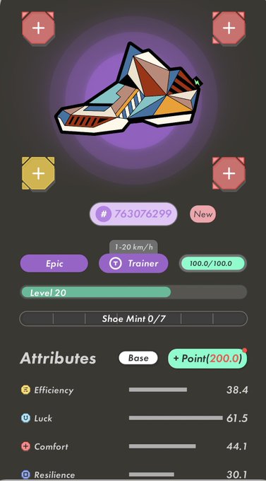 The image shows an Epic Trainer app displaying various elements of its features, such as efficiency, comfort, ease of use, and compatibility with different types of shoes, including sneakers. The app has been opened, and the player's progress appears to be good. However, one stat is notably low, indicating that the base efficiency and comfort measures for this particular shoe are not optimal or consistent with an Epic trainer. This could mean that the game does not prioritize using a rare sneaker as a base if an Epic training method was applied instead.