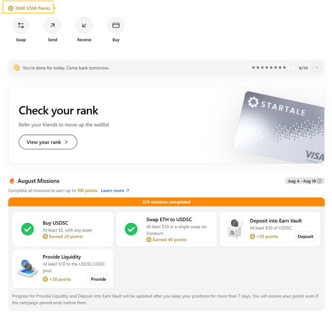 A screenshot of a crypto platform's mission page showing '2848 STAR Points,' completed August missions including 'Buy USDC' and 'Swap ETH to USDC,' and a STARTALE Visa card preview.