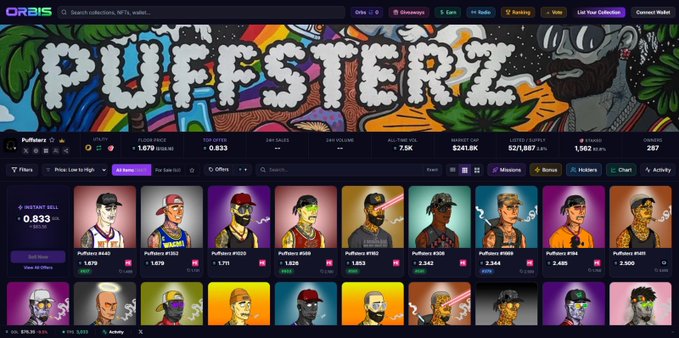 A screenshot of an NFT marketplace on the 'ORBIS' platform displaying the 'PUFFSTERZ' collection, featuring pixel-art character profiles, floor prices, and 24-hour sales statistics.