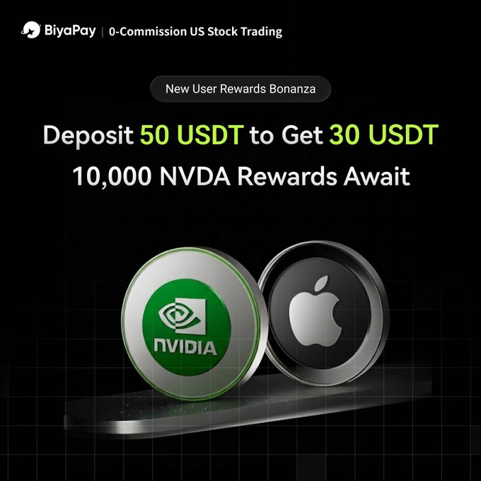 The image features two coins, one with a green and white logo for nvdia and the other an apple logo. The text above them reads "0-Commission US Stock Trading Is Here - New User Rewards Bonanza". Below these coins is a block of text that says "deposit 50 usdt to get 30 usdt" and offers a reward of up to 10,000 NVDA rewards await those who deposit 50 usdt.