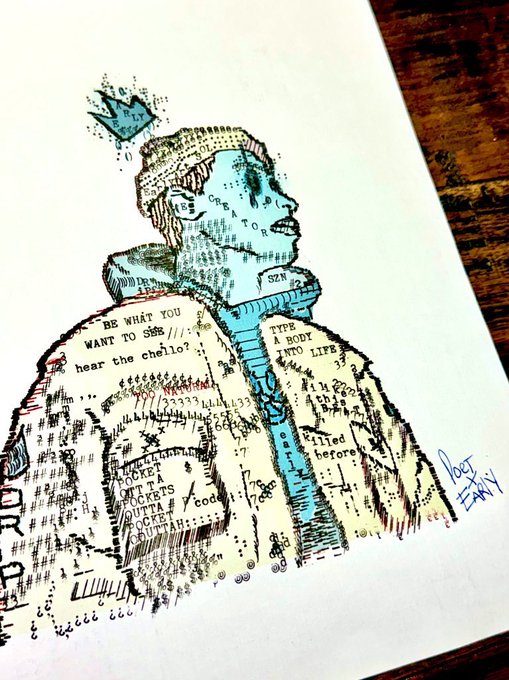An artistic illustration on paper showing a person wearing a winter hat and hoodie with a small blue bird perched on top. The drawing incorporates handwritten text phrases like 'BE WHAT YOU WANT TO SEE', 'hear the chello?', 'TYPE A BODY AND LIFE', and 'ROCKET', with the signature 'be7' in the bottom right corner.
