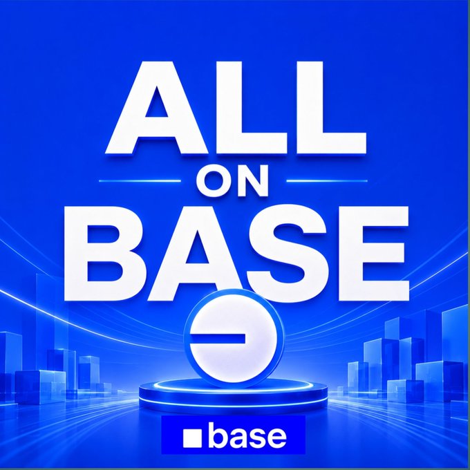 Promotional graphic with bold white text 'ALL ON BASE' on a blue background featuring city silhouettes and the Coinbase Base logo.