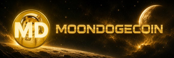 The image is a banner featuring gold "MD" lettering beside the text "MOONDOGECOIN," set against a cosmic backdrop with a large moon and a dog's silhouette—designed as the official banner for the Solana token $MOONDOGECOIN on Moby.