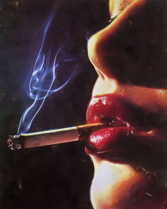 A hyper-realistic painting depicts a close-up profile of a person with glossy red lips holding a lit cigarette, with blue smoke swirling upward against a dark background.