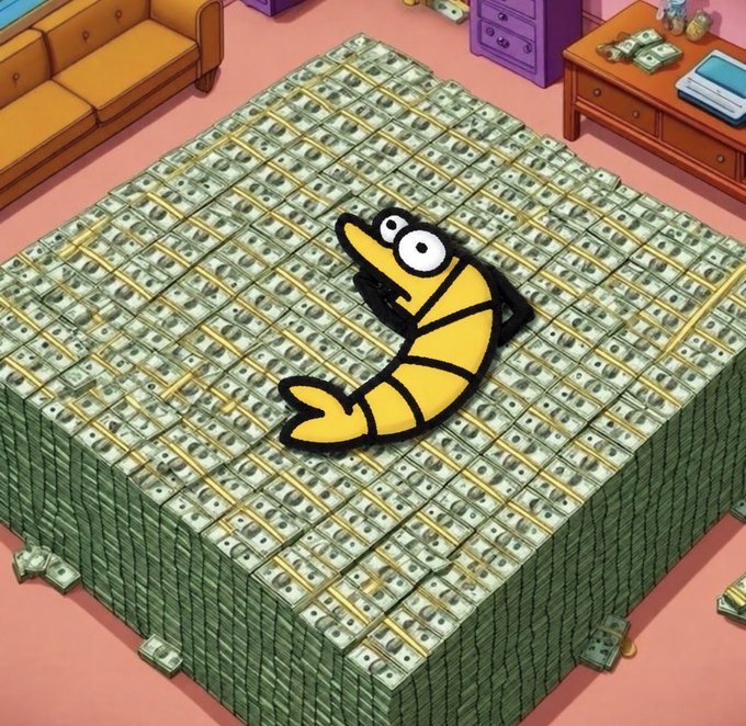 An animated cartoon character sits on a bed made entirely of stacks of cash, featuring a fish-like creature on top.