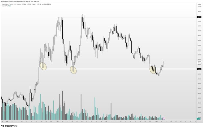 A candlestick price chart of Hyperliquid ($HYPE) on TradingView displays a clear horizontal support level around the $54 zone, with three highlighted bounce points (yellow circles) showing previous tests of support before a recent rally. The chart context supports the post's cautious view that HYPE may retest the low $50s/high $40s range while emphasizing its strong long-term fundamentals.