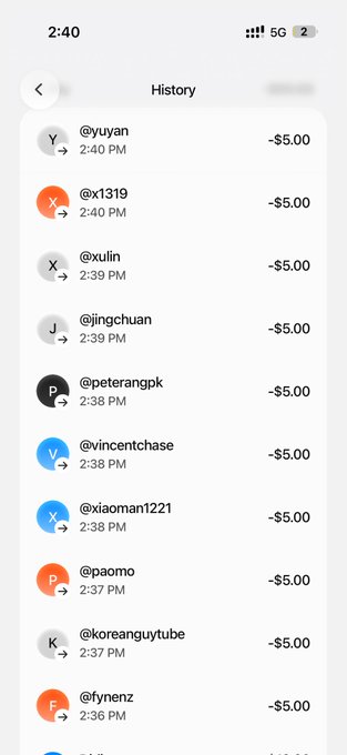 The image shows a transaction history displaying a series of -$5.00 payments sent to multiple users including @yuyan, @x1319, @xulin, @jingchuan, @peterangpk, @vincenthase, @xiaoman1221, @paomo, @koreanguytube, and @fynenz between 2:36-2:40 PM, serving as visual proof of the airdrop tokens the sender distributed to friends who registered for Plasma using their invite link.