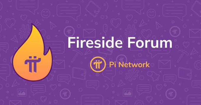 The image is a promotional banner for Pi Network's "Fireside Forum," featuring a stylized orange flame icon with the Pi logo alongside the Pi Network branding on a purple background with faded social media icons, which relates to the post discussing the faded promise of Fireside Forum as Pi's once-promising Web3 social platform.