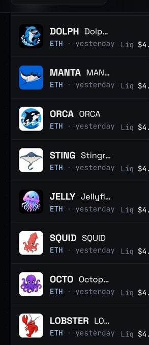 The image shows a list of ocean-themed meme tokens on the o1.exchange platform, including DOLPH, MANTA, ORCA, STING, JELLY, SQUID, OCTO, and LOBSTER—all trading on ETH with $4K liquidity. It complements the post's announcement of o1.exchange's "Supermarket" launch by showcasing the playful, themed token packs now available on the platform.