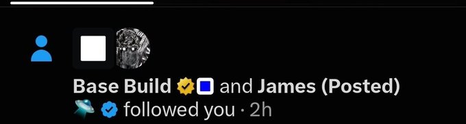A social media notification from 'Base Build' and 'James' with a profile picture of a custom abstract build, indicating that 'James (Posted) and followed you · 2h'.