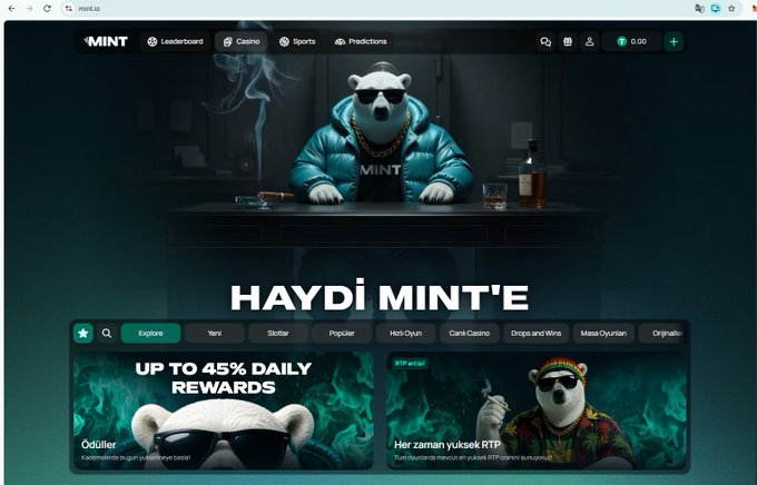 A screenshot of the mint.so homepage featuring an anthropomorphic bear in sunglasses and a "MINT" jacket sitting at a bar, with promotional banners highlighting "UP TO 45% DAILY REWARDS" and "RTP artesi!" beneath the Turkish welcome text "HAYDİ MINT'E." The image directly showcases the PlayOnMint platform mentioned in the post, visually supporting the user's claim about wagering, XP progress, and the leaderboard tied to the $MNTD drop.