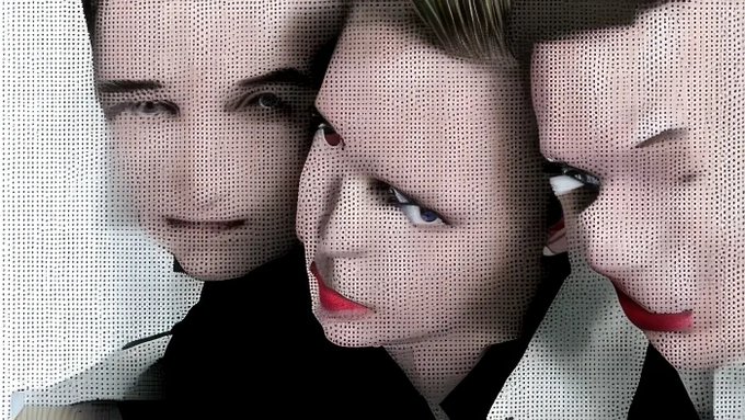An artistic composite image with a halftone dot effect showing three overlapping faces of a person with short hair, red lipstick, and blue eyes.