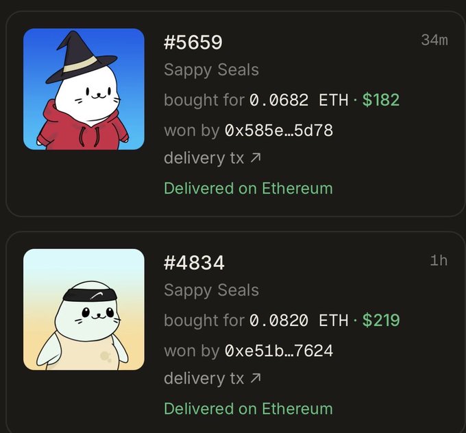 Screenshot showing two Sappy Seals NFT transactions delivered on Ethereum - #5659 bought for 0.0682 ETH ($182) and #4834 bought for 0.0820 ETH ($219).