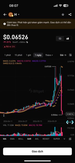 The image shows a smartphone screen filled with information about stock trading, focusing primarily on an upward chart of a particular stock's price change over time. The time displayed on the phone reads "08:07 PM", indicating that the image was taken at approximately 8:07 in the morning. It also has a caption explaining how to get the Bitcoin Humanity token from its wallet and provides a reference for the stock symbol, $H bị xâm nhập.