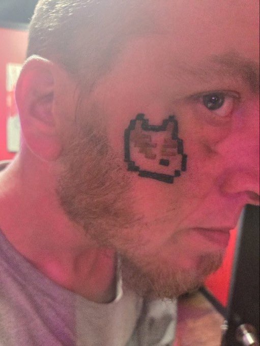 A close-up of a man with a reddish beard who has a pixel-art 'Wojak' / Nyan Cat-style cat drawing on his cheek.