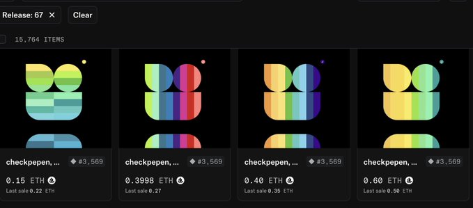 A screenshot of an NFT marketplace showing 15,764 items in Release: 67, with four "checkpepen" listings priced at 0.15 ETH, 0.3998 ETH, 0.40 ETH, and 0.60 ETH (all #3,569), illustrating the post's point about how few checkpepen are listed.