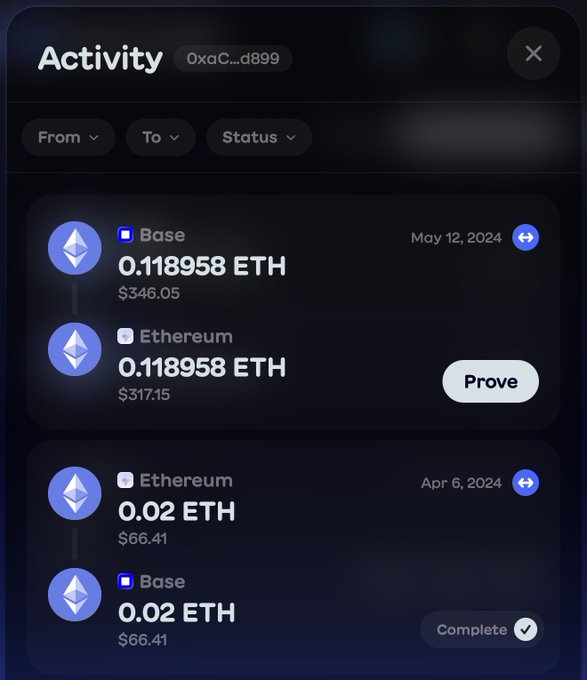 A dark-themed cryptocurrency activity interface showing wallet address '0xaC...d899' with transaction entries including '0.118958 ETH' on Base and Ethereum networks, with buttons for 'Prove' and 'Complete'.