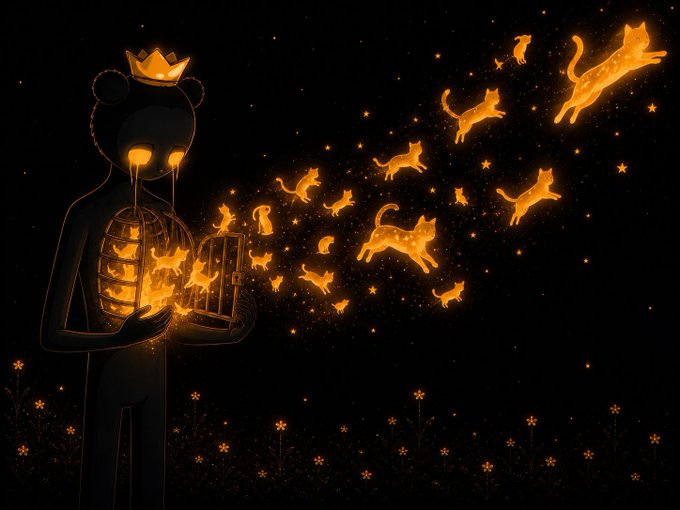 A dark, whimsical illustration of a crowned bear character holding a birdcage, with glowing orange cats and kittens emerging from it into a starry night.