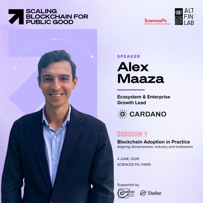 The image features a man wearing a suit, smiling for the camera while standing against a purple background with white text. The caption reads "Hyped to return to @sciencespo to share how Cardano is pioneering public sector blockchain adoption thru its onchain governance". This suggests that the man might be attending or hosting an event related to the development and implementation of Cardano in the public sector, possibly as part of a panel discussion or conference.