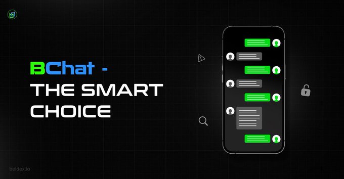 A promotional graphic for 'BChat - THE SMART CHOICE' by beldex.io, displaying a smartphone mockup with chat bubbles and icons on a dark grid background.