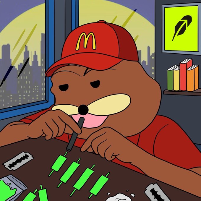 A furless bear-like meme character wearing a McDonald's cap sits at a desk with green candlestick charts and razor blades, humorously depicted as a desperate day trader—satirizing the risky nature of meme coin trading tied to the "$SPURDO" launch on Robinhood Chain.