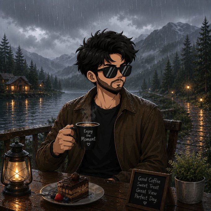 An anime-style man with sunglasses and a brown jacket sips from an 'Enjoy the Moment' mug while sitting at a rainy lakeside patio with a slice of cake and a 'Good Coffee, Sweet Treat, Great View, Perfect Day' sign.