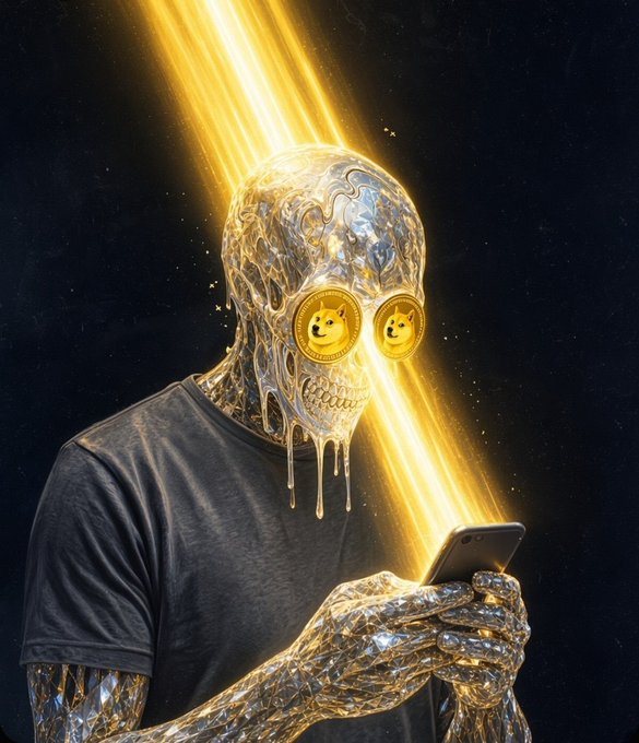 Digital art depicting a silver, metallic humanoid figure with melting features and Dogecoin symbols for eyes, holding a smartphone while yellow light beams shine from above in a dark space.