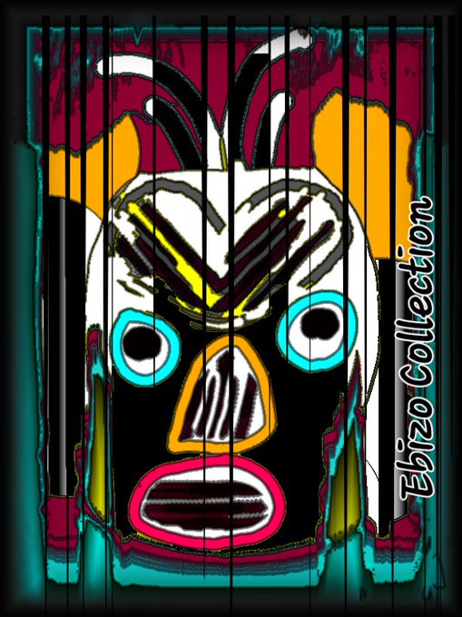 A vibrant digital illustration of a tribal mask with glowing eyes and yellow horns behind bars, labeled 'Ebizo Collection' on the right side.