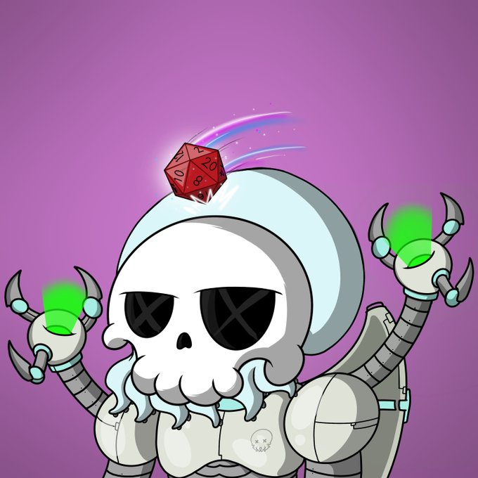 A cartoon illustration of a cyborg-like character with a skull face, X-eyes, and robotic claw hands, with a glowing 20-sided die balancing on its head.