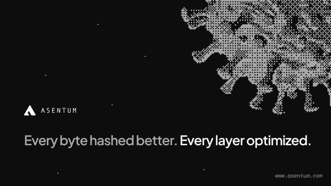The image shows a sleek black promotional graphic for "Asentum" (ASE) featuring a halftone dot-style virus or molecule silhouette in the upper right, with the tagline "Every byte hashed better. Every layer optimized." The accompanying post reinforces this messaging by emphasizing Asentum's deliberate, cryptographic foundation ("every layer chosen on purpose, down to the hash function"), positioning the project as a meticulously engineered blockchain built to last.