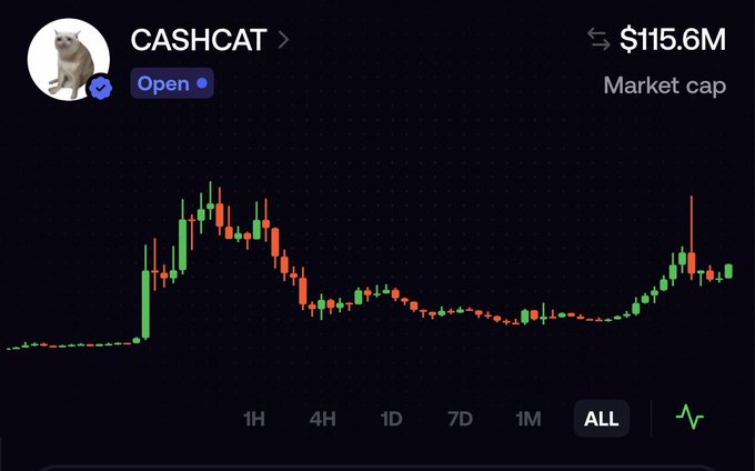 A CASHCAT (cashcat) price chart showing a market cap of $115.6M with an "ALL" timeframe selected, displaying dramatic price spikes. The chart's volatile upward movement and recovery pattern visually reinforces the post's bullish "moon that" sentiment toward $cashcat.