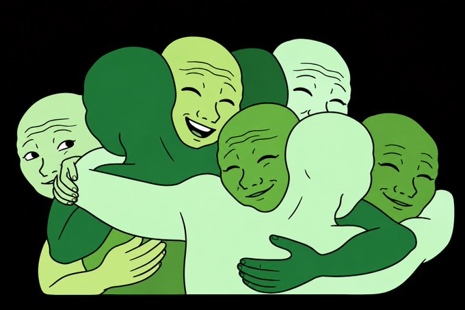 A digital illustration of several green, bald, smiling humanoid figures hugging each other in a group embrace.
