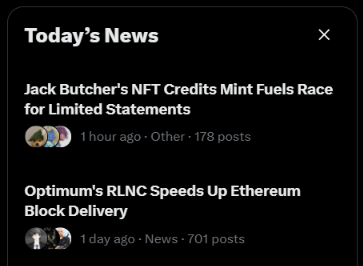 A 'Today's News' panel displays crypto headlines including 'Jack Butcher's NFT Credit Mint Fuels Race for Limited Statements' (1 hour ago) and 'Optimism's RLNC Speeds Up Ethereum Block Delivery' (1 day ago).