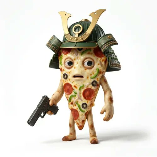 The image features a cartoon character, specifically a pizza with a sword in its hand. The character appears to be wearing a helmet that resembles a samurai's head. The character has a gun pointed at it, which adds an element of danger or threat to the scene. The background is white, making the colorful and detailed character stand out even more.