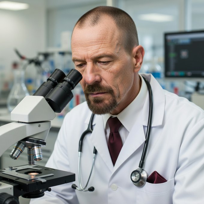 A bearded man in a white lab coat and stethoscope looking down through a microscope in a laboratory setting.