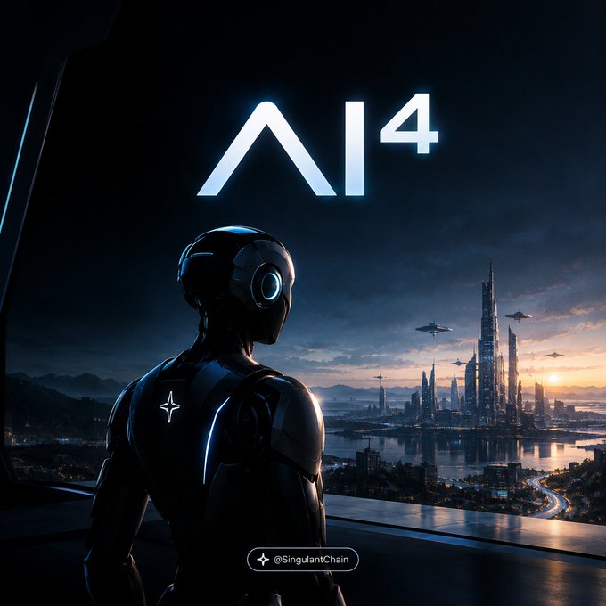 A futuristic sci-fi digital artwork showing a sleek robot looking out over a neon-lit cityscape at sunset, with a glowing 'AI 4' logo displayed above and '@Singular1Chain' watermark below.