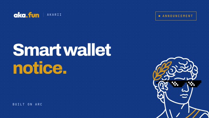 The image is a promotional announcement from AKARII titled "Smart wallet notice," tagged as an announcement and labeled "Built on ARC," featuring a stylized illustration of a classical bust wearing pixelated sunglasses and a laurel wreath. It serves as a visual header for AKARII's guidance addressing Smart Wallet users who minted AKARII tokens but cannot see their AKARII NFT due to DN404 compatibility limitations.