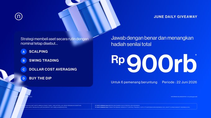 The image shows a blue banner with a gift box in the top left corner, surrounded by white text. The banner appears to be promoting an event that takes place during June 15-17, 2006. Below this, the words "June Daily Giveaway" are written along with more information about the event. 

In the bottom right corner of the image, there is a text box containing instructions on how to join the giveaway and what to do if you want to enter. The text indicates that Mintu is giving away Rp900 thousand in USDT for this exclusive event at door friends.