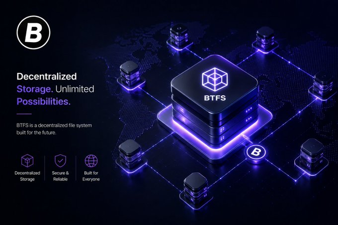 A promotional graphic for 'BTFS' (BitTorrent File System) advertising 'Decentralized Storage. Unlimited Possibilities.' with features including Decentralized Storage, Secure & Reliable, and Built for Everyone.