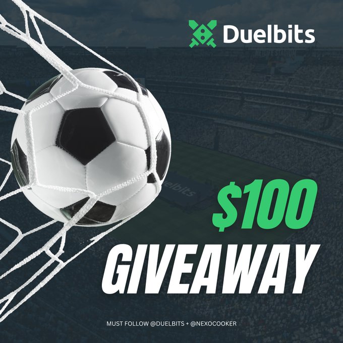 A soccer ball hits the back of the net in a stadium, promoting a **$100 giveaway** by **Duelbits** with instructions to follow **@Duelbits** and **@nexocooker** to enter.