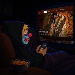 A cartoon figure with a yellow spiky-haired clown mask sits in a dimly lit room, holding a phone with $67.10 on the screen while a bowl of snacks sits nearby.