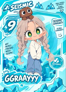 An anime-style character card featuring a girl with grey braided hair, labeled 'SEISMIC BUILD-O-MAJIG #9', 'SEISMIC COMMUNITY', and 'GGRAAYYY', with categories listed as Art, Memes, Friends, Web3, Seismic.